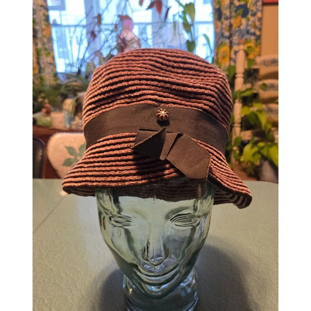Vintage 1950s Nancy Eileen Modes Fabric Bucket Cloche Hat Brown Striped Small